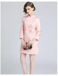 Зимняя мода оригинальный дизайн в китайском стиле с цветочной вышивкой Большие размеры Диагональ Сережка платье с хлопчатобумажной