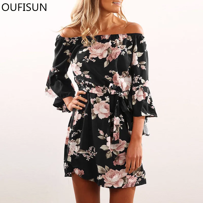 

Oufisun Women Floral Print Party Dress Sexy Off Shoulder Sashes Mini Boho Beach Dresses Flare Sleeve Plus Large Size Short Dress
