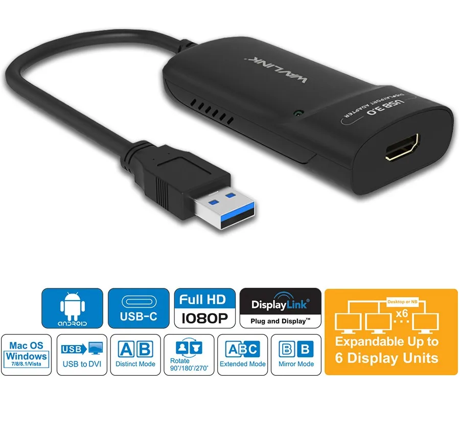 Wavlink USB 3.0 To HDMI Multi Monitor Video Graphic Adapter HD 1080p Output External Video Card Adapter DP Display Windows Mac