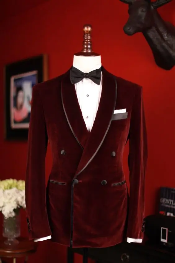 Wine Color Slim Fit Men Wedding Suit Velvet Elegant Groom's Wear