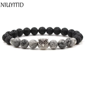 

NIUYITID Owl Bead Bracelets Fashion Antique Silver Color Black Lava Volcanic Stone Bracelet Animal Charm Bracelet Mens Pulseras