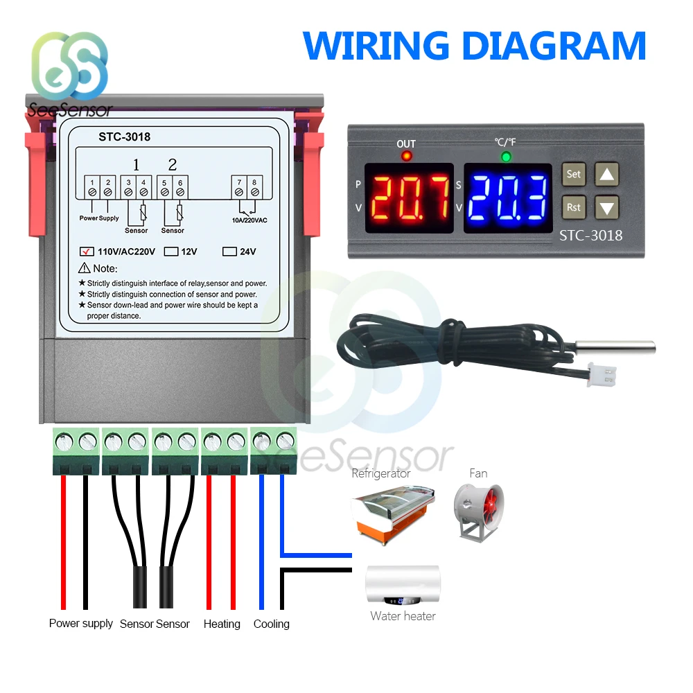 Двойной цифровой регулятор температуры Переключатель STC-3018 12 В 24 в 110 В 220 В по Цельсию и Фаренгейту C/F терморегулятор Термостат