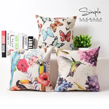 

country Ink bird Floral pillow cushions, Parrot Butterfly cushion , Linen pillowcase,sofa cushions home decorative Pillows