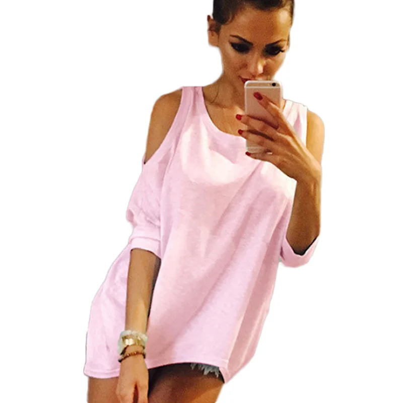 Summer Women T-Shirt O-Neck Solid Color Off Shoulder Sexy Long T shirt Womens Top Tees Loose Casual T-shirt Plus Size 5XL 934998 | Женская