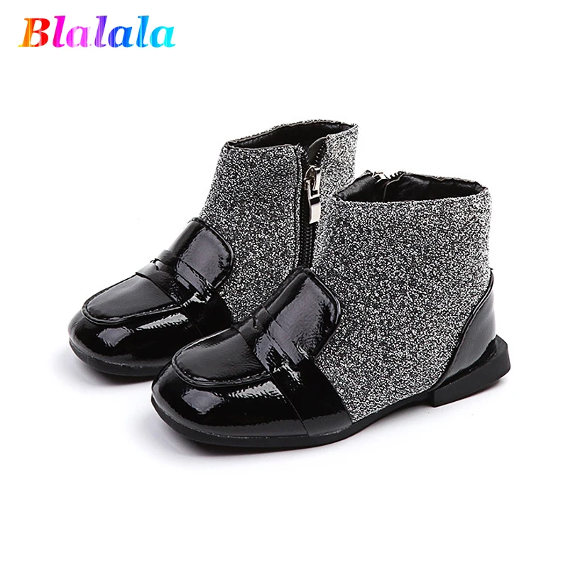 

Autumn Winter fashion warm velvet glitter patch patent leather girls boots kids fashion shoes children flat shoes 12.5-17cm