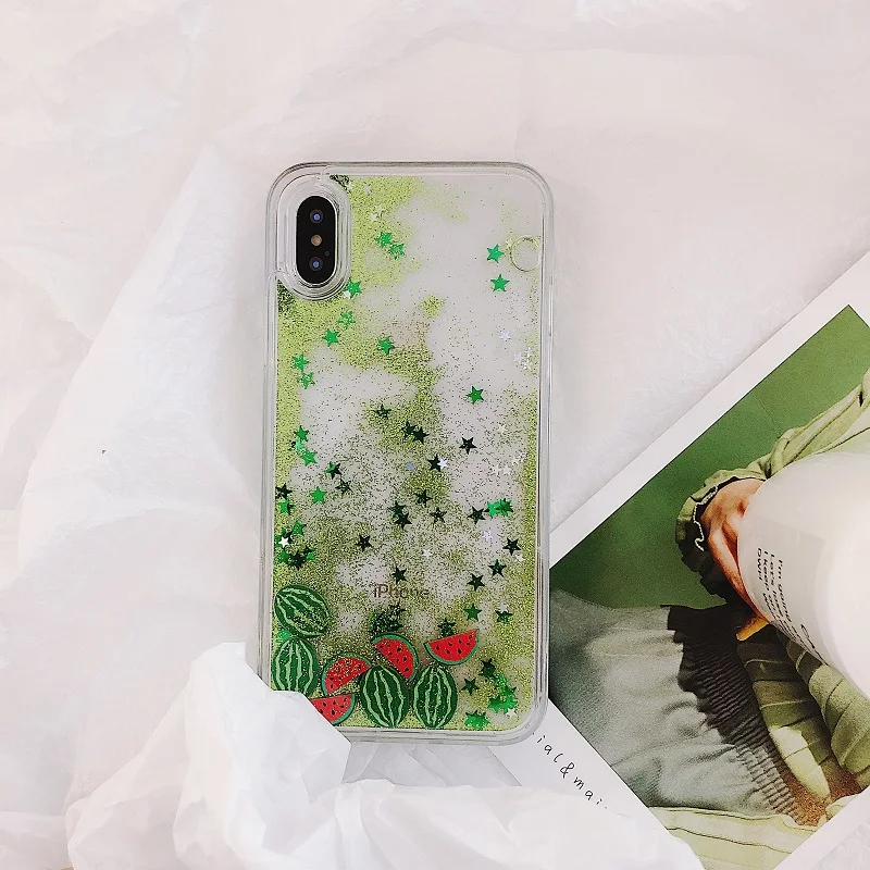 Блестящий чехол для iPhone с изображением дрейфа песка, зеленый арбуз, авокадо, кактус, блестки, поток во время движения, ТПУ чехол Slicone