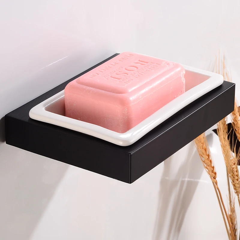 Soap Dish Storage Holder Wall Mounted Soap Holder Shower Space Aluminum Decorative Bathroom Soap Rack Black Bath Accessories