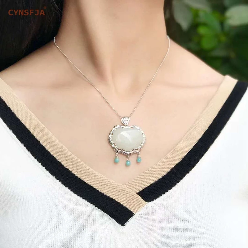 

Certified Natural Chinese Hetian Jade Inlaid 925 Sterling Silver Handmade Lucky Jade Pendant White High Quality Wonderful Gifts
