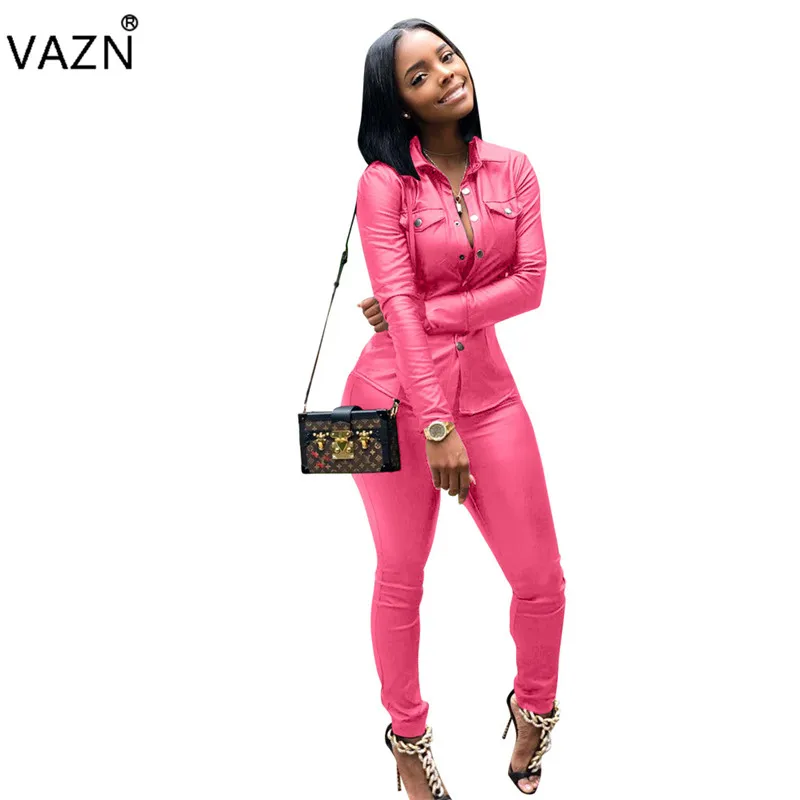 Розовый VAZN New Arrive 2-Pieces Women Solid 5-Colors Jumpsuits Sexy V-Neck Full Sleeve Jumpsuits Lady Plus Size Jumpsuits LSD8226 - Цвет: Розовый