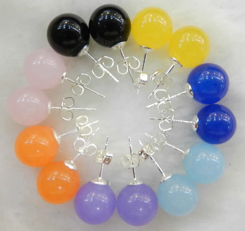 

ry00832 New AAA 6 Colors 10mm Jewelry Multicolor Jade & Silver Stud Earrings A0422
