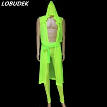 Флуоресцентный зеленый розовый плащ трико брюки сексуальные прозрачные мужские костюмы ночной клуб бар Tide певец танцор полюс танец сценические костюмы