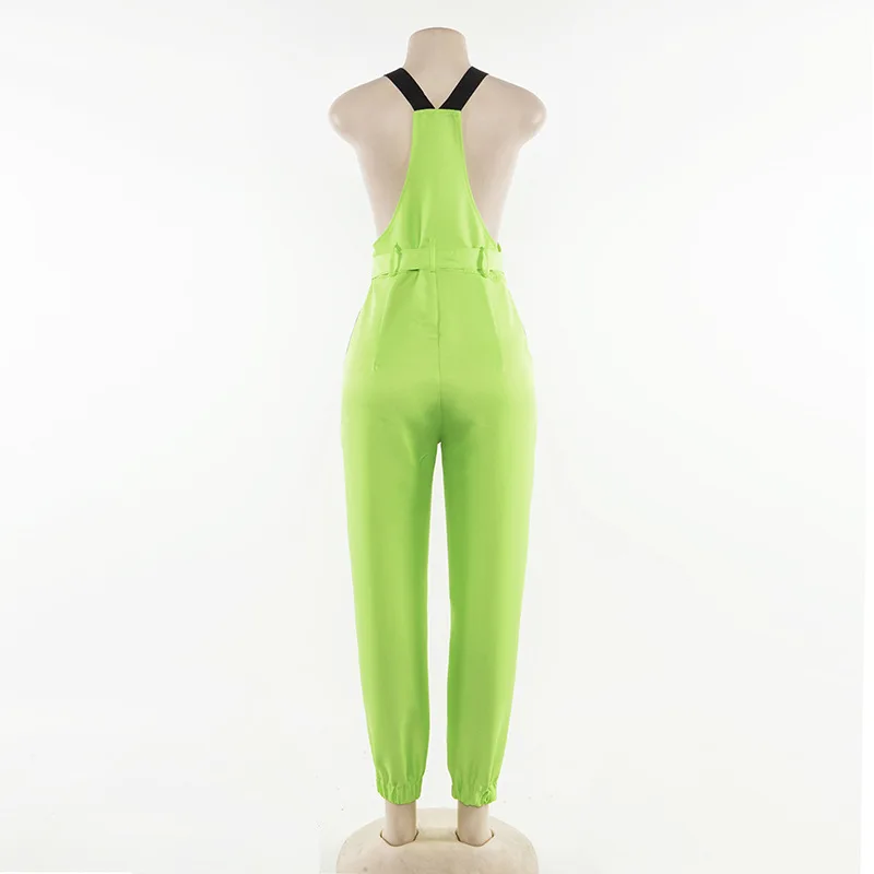 Helisopus, неоновый зеленый комбинезон для женщин, одежда на плечо, с цепочкой, с пряжкой, с карманом, повседневный комбинезон, женский комбинезон, летняя уличная одежда