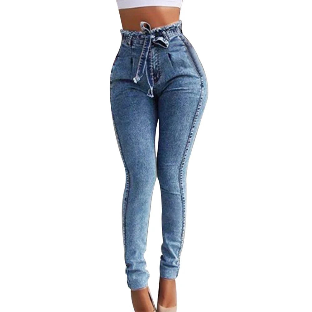 Женские эластичные узкие пояс с бахромой джинсы с высокой талией повседневные модные джинсы IK88 - Цвет: Light blue