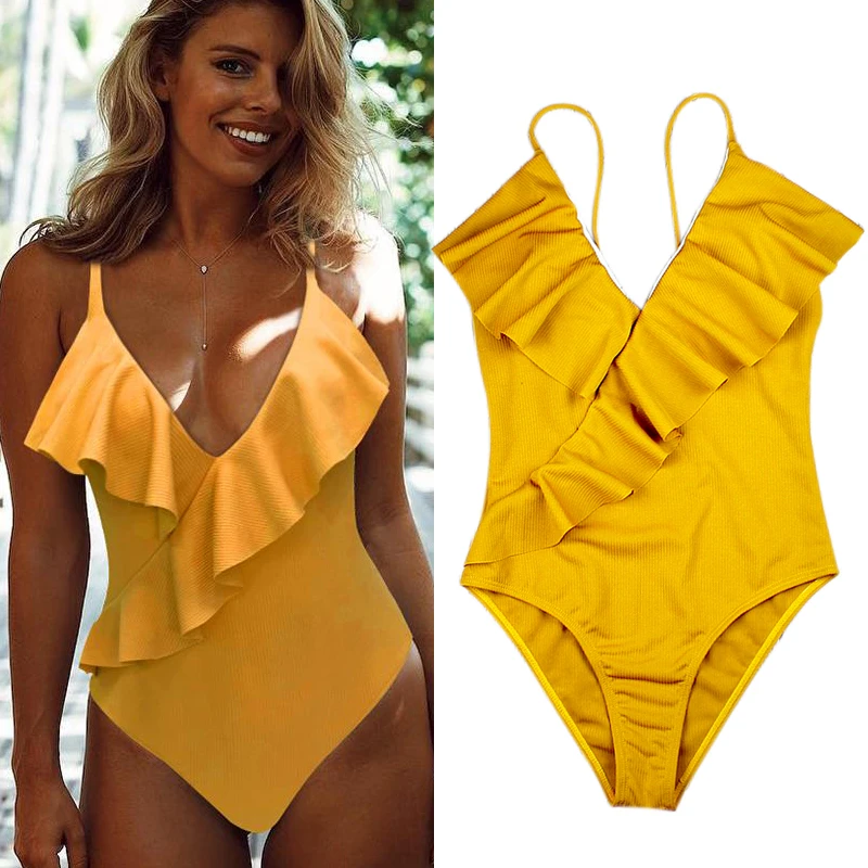

One-Piece Swimsuit Women Yellow Solid V Neck Ruffle Sexy Swimwear Female Beachwear Bathing Suit Swimwear Women 2019 New Summer