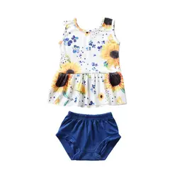 Летнее повседневное Хлопковое платье без рукавов с цветочным принтом для маленьких девочек, футболка, шорты, комплект одежды