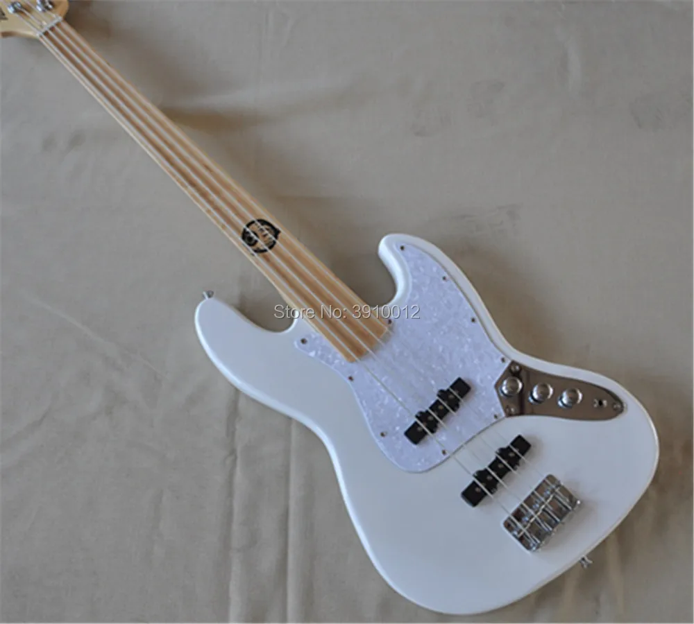 

factory custom fretless Maple Fretboard jazz 4 strings white bass guitar reversed headstock electric guitar free shipping