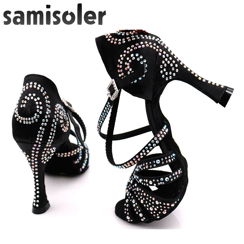 Женские туфли для бальных танцев Samisoler черные стразы сальсы профессионального