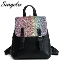 Singelo Female Sequins PU Leather Backpacks 2018 Fashion Women Travel Bags Small Preppy School Daypacks For