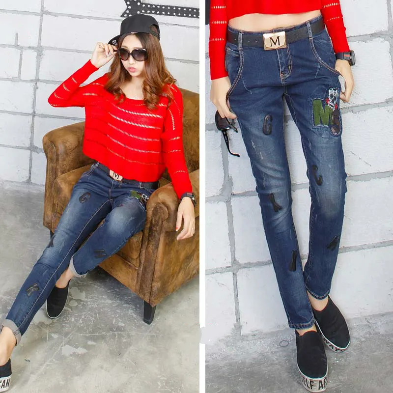 2016 lace jeans pants women The new pencil pants denim jeans with holes vaqueros mujer jean