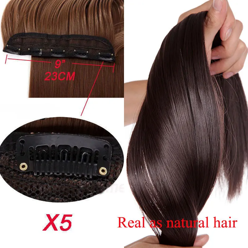 SNOILITE 23-26inch Long Straight Women Clip in one piece Hair Extensions synthetic Black Brown clip ins fake hair piece