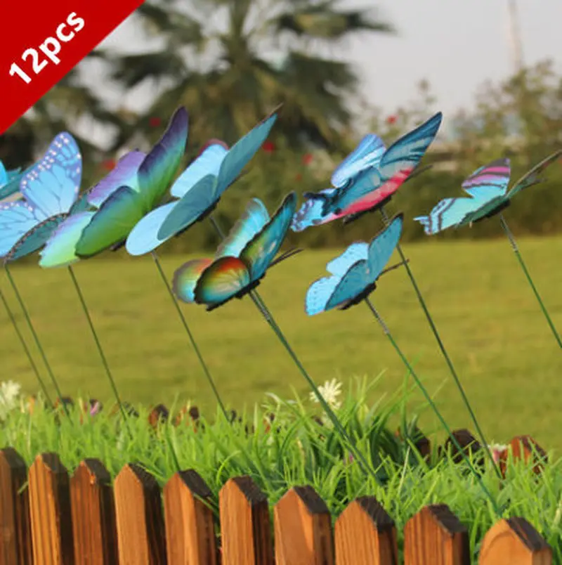 12PCS/Lot 3D Artificial Butterfly Garden Decorations Simulation Butterfly Stakes Yard Plant Lawn Decor Fake Random Color