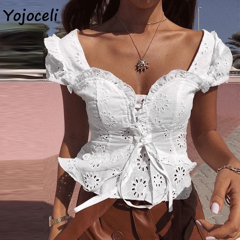 Yojoceli, сексуальные блузки с вышивкой из хлопка, на шнуровке, с рюшами, рубашка для женщин, квадратный вырез,, летние кружевные вязанные блузы, рубашка, Топ