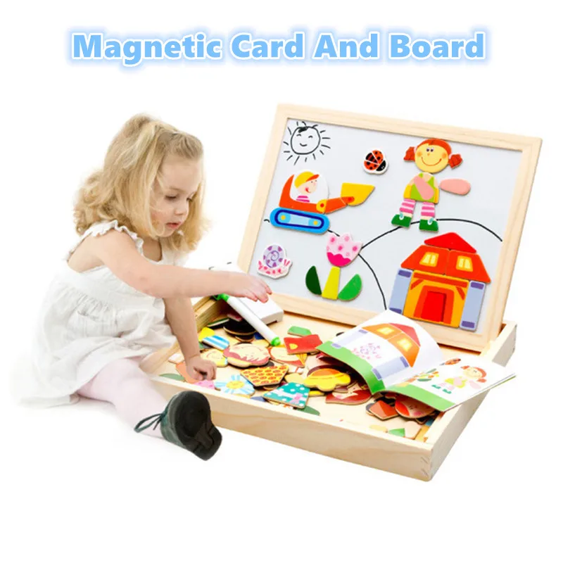 

Wooden 2 in 1 Magnetic Cards &Double Side Board Baby Sorting &Nesting&Stacking&Drawing&Writing blackBoard Puzzle Educational Toy