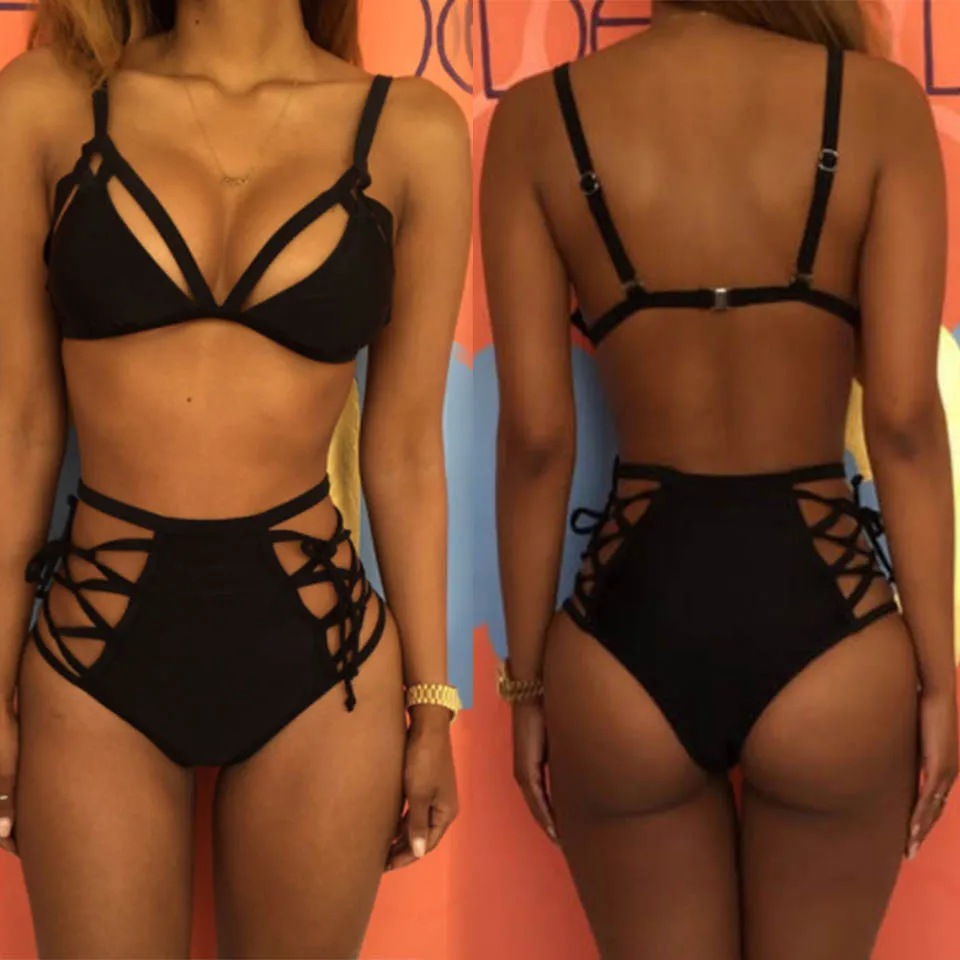 

SUNRAINBOW Sexy 2019 Bikini Set High Waist Swimsuit Women Swimwear Cut Out Bandeau Solid Bottom Bikini Set Bathing Suits XL