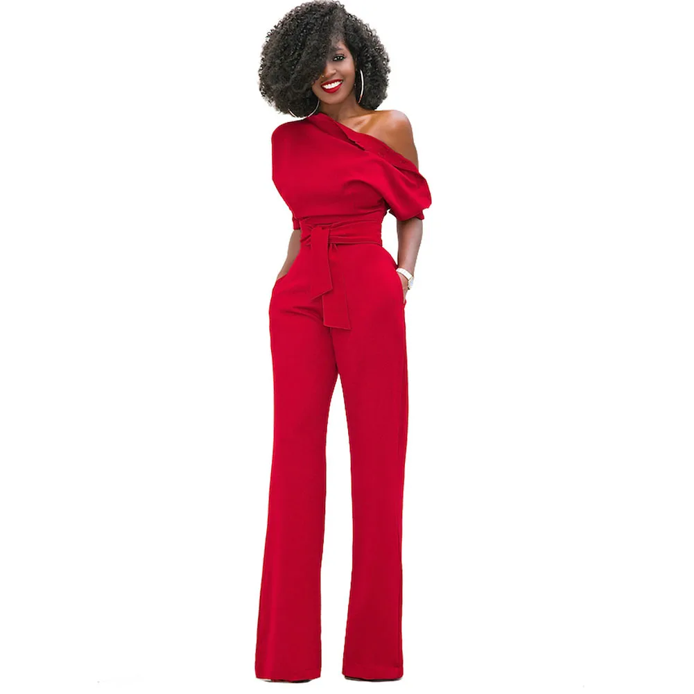 Модные осенние сексуальный женский комбинезон Половина рукава на одно плечо Высокая талия Дамы Повседневное широкие брюки ноги ползунки AIC88 - Цвет: Красный