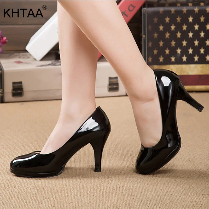 

New Women Pumps Shoes Patent Leather High Heels Derss Shoes Shallow Slip-On Round Toe Sweet Wedding Party Fashion Shoes Ladies