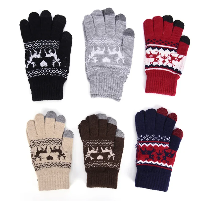 Зимние перчатки для женщин Рождественский подарок теплая вязальная шерсть лося перчатки дл пар варежки для телефона/коврик вязаный олень сенсорный экран - Цвет: Navy Blue