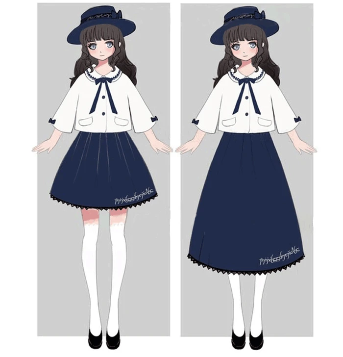 

British Preppy Style Women's 2PCS Winter Wool Blend Set: Beige Short Cape + Navy Blue Letters Embroidery Skirt 2 Length