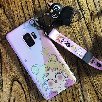 

for Samsung S9 S10 plus Cute Sailor moon back Case For Samsung S8 S8plus note8 note9 S7edge Soft back cover + luna cat toy+strap
