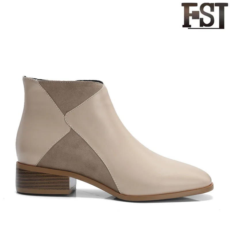 

FSJ Genuine Leather Woman Ladies Shoes Chelsea Zip Ankle Boots Spring/Autumn Sewing Fashion Casual Office Career Size 39 Apricot