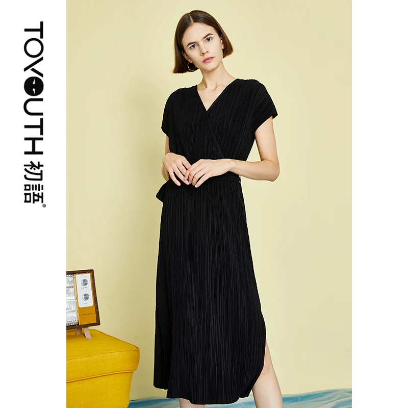

Toyouth Summer Slim Dresses Elegant V neck Sashes V neck Pleated Chiffon Women Ankle Length Split Black Party Dress