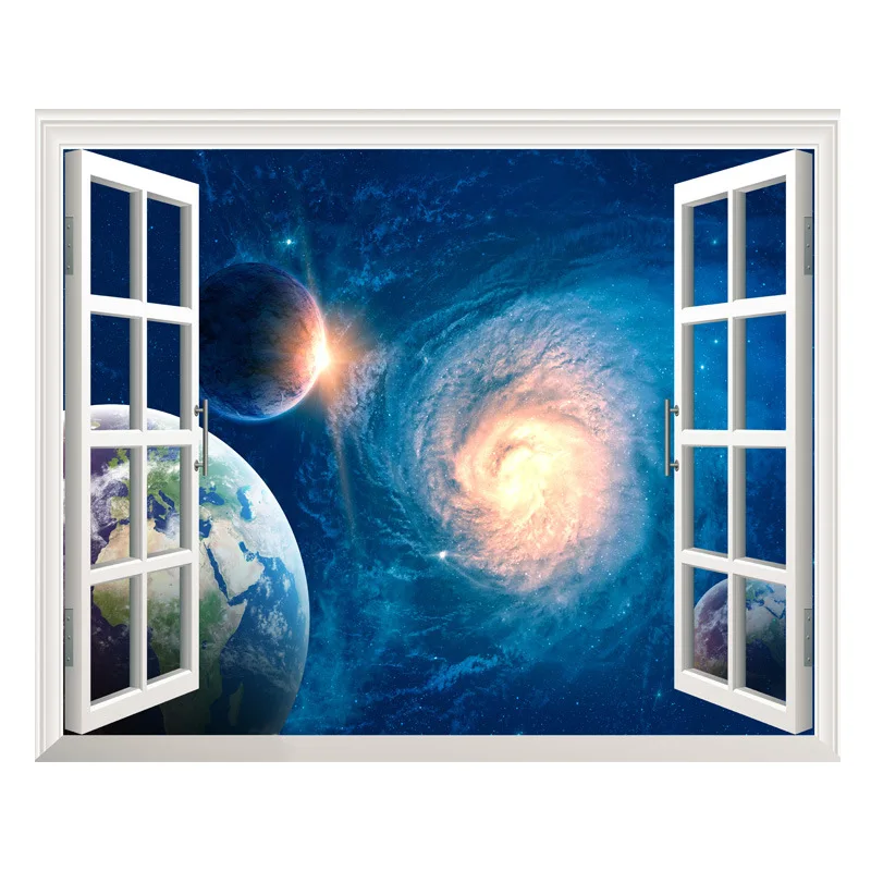 Blue 3D Galaxy Wall Sticker Outer Space Sticker Removable Wallpaper Window Scenery Wall