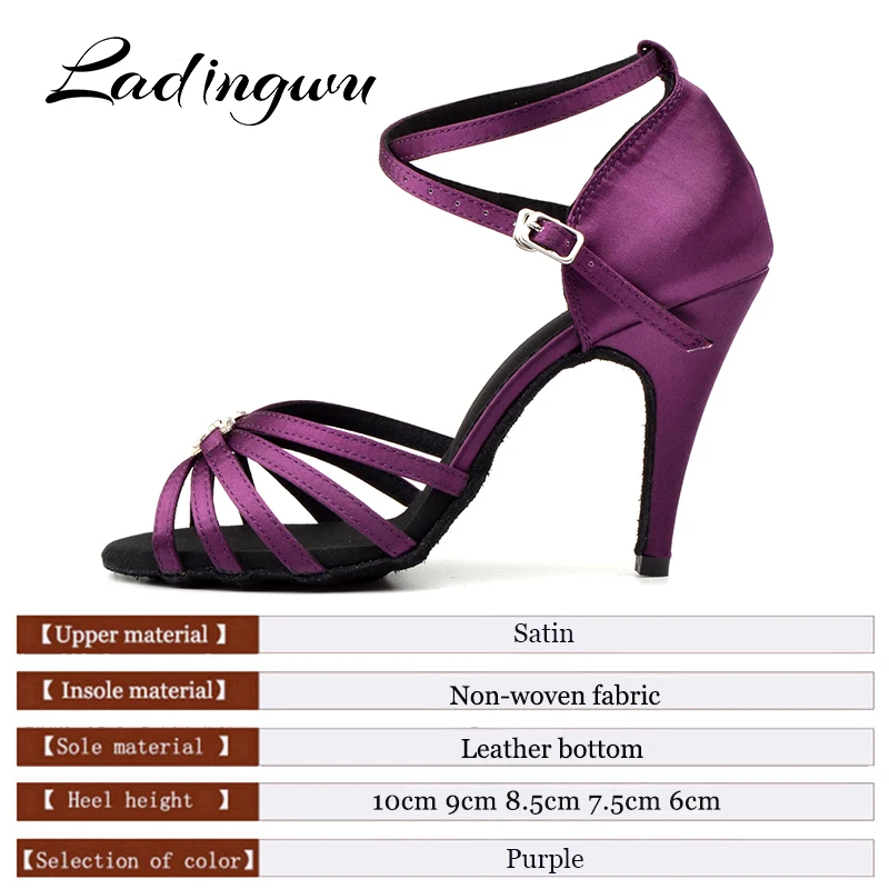 Ladingwu Women's Latin Ballroom Dance Shoes For Girls Purple  Satin and Metal Button Dance Sandals For Dance Shoes Heel 6-10cm