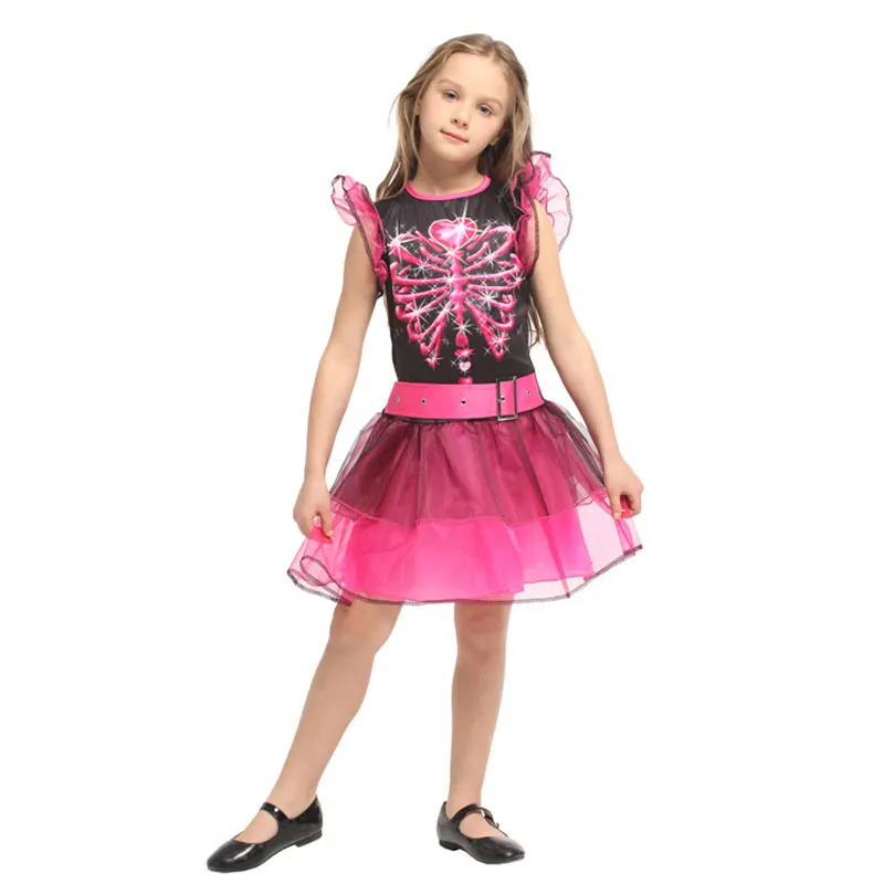 

Kids Child Girls Pink Bones Skeleton Costume Halloween Mardi Gras Dia de los Muertos Day of the Dead Fancy Dress Sleeveless