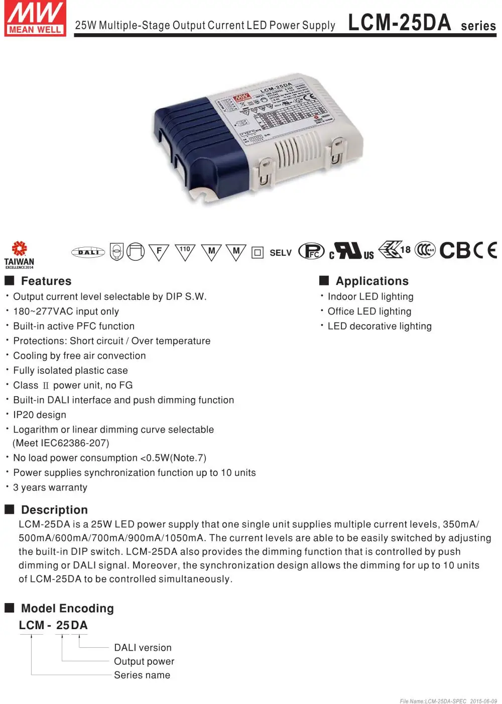 1 упаковка) Meanwell 40/60W DALI Диммируемый источник питания LCM-40/60DA 350mA 500mA 600mA 700mA 900mA 1050mA 1400mA мульти-выход PFC