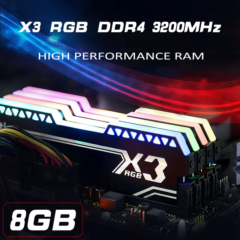 

144*45.5mm X3 RGB DDR4 8G 3200MHz Desktop Game RAM 288 PIN 1.35V E-sport game light strip RGB memory RAM For Desktop notebook