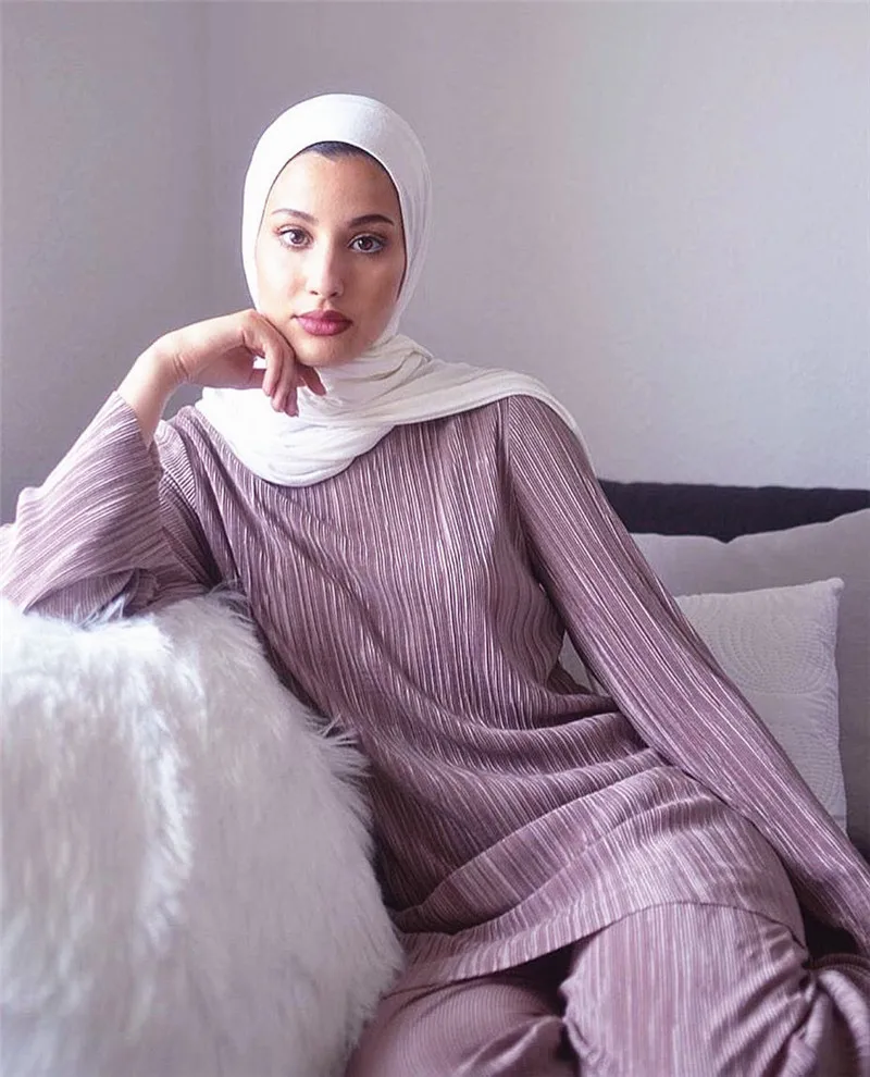 Женский комплект одежды в полоску Abaya фиолетовый/темно синий/черный Caftan большие