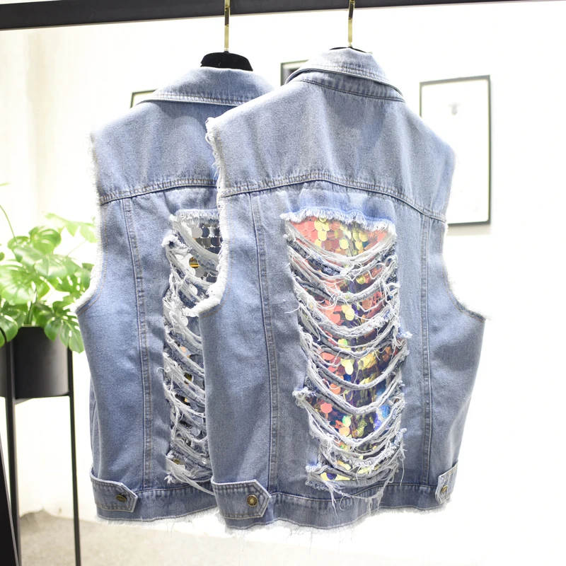 Europe Spring Ripped Hole Denim Vest Women Sleeveless Sequins Frayed