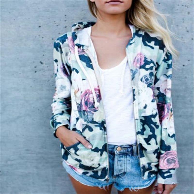 Women Ladies Long Sleeve Hooded Floral Print Jackets Coat Tops Slim