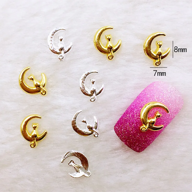 

50Pcs/Lot 7*8mm Gold Silver Cute The Cat On The Moon Metal Alloy Nail Art Decorations 3D DIY Nail Stickers Jewelry Nail Charms