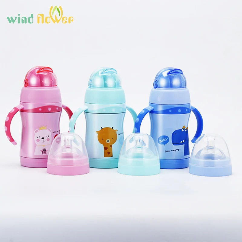 Wind flower Kids Water Bottle 280ml Nozzle And Straw Interchangeable Dual-use Cartoon Stainless Steel Vacuum Sippy Cup | Дом и сад
