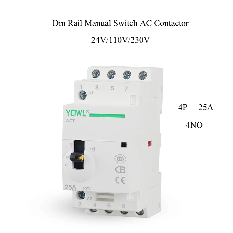 

4P 25A 4NO 24V/110V/230V 50/60HZ Manual Switch Din Rail Household AC Contactor