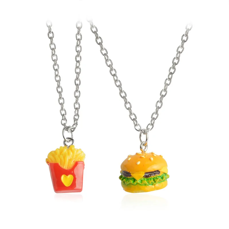 

One pair Best Friend Forever BFF pendant necklace fast food charm necklace cute French Fries chips hamburger cartoon jewelry