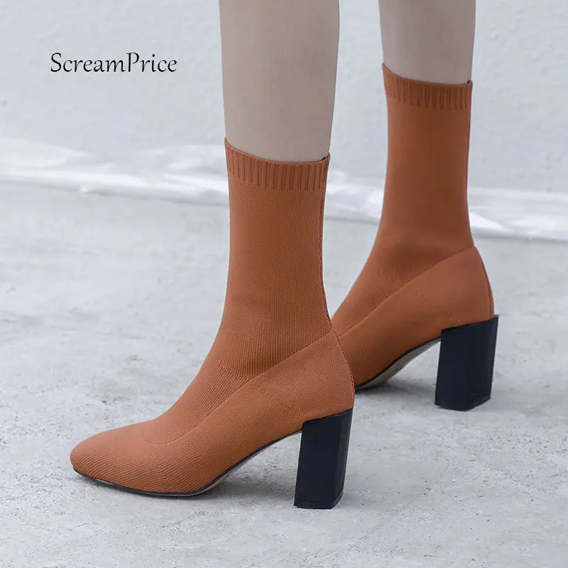 

Women Comfort Knitting Thick High Heel Ankle Sock Boots Fashion Slip On Square Toe Fall Winter Bootie Yellow Black