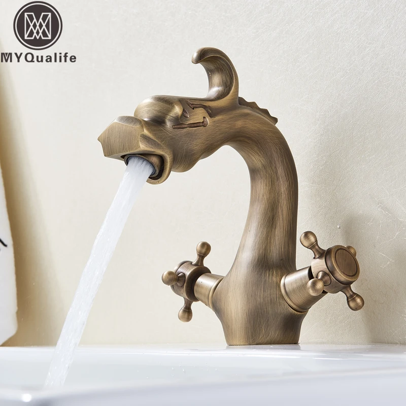 Antique Brass Bathroom Faucet Dual Handle Chinese Dragon Lavatory Sink