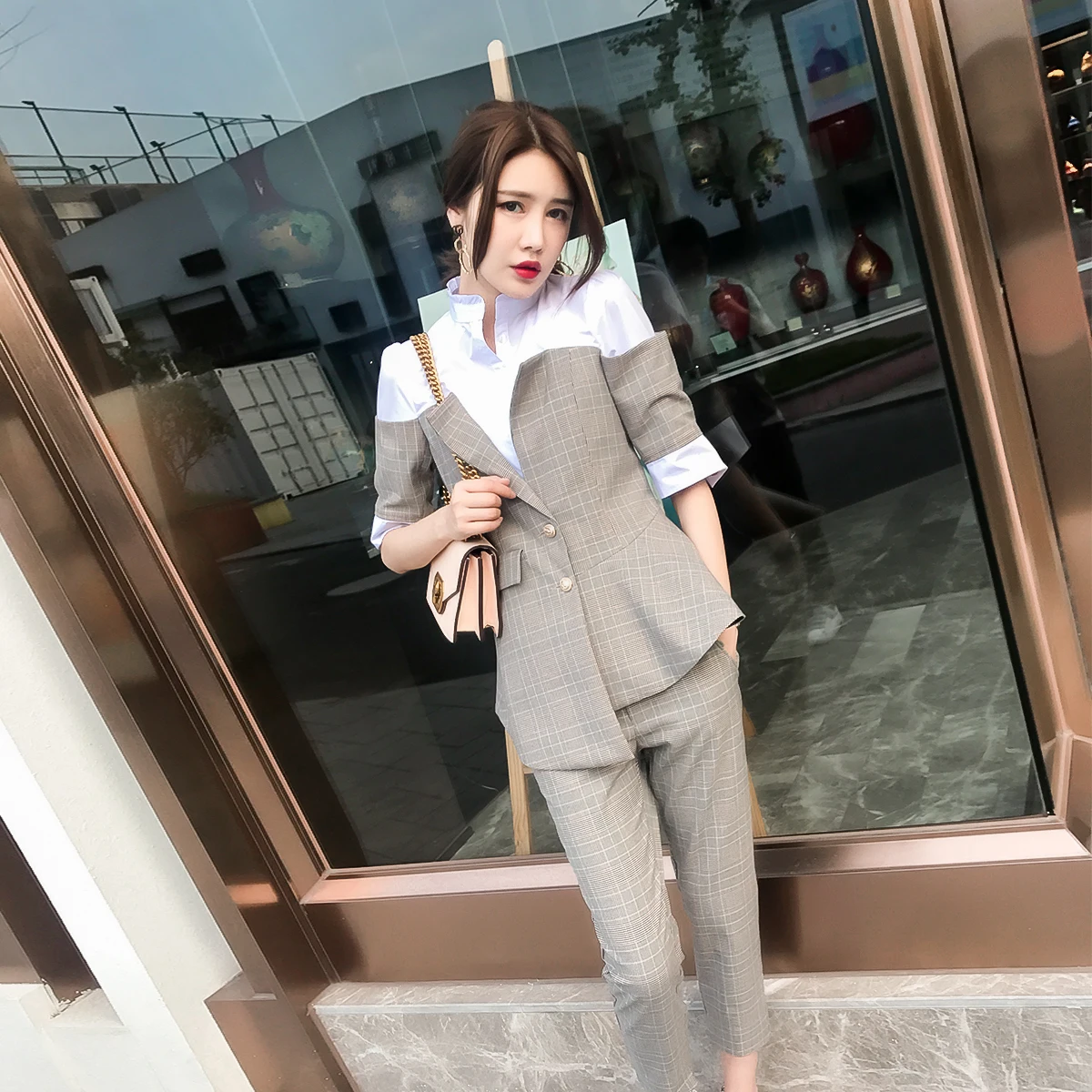 Yuxinfeng New Spring Autumn Women Blazer Pants Suit Sexy Fashion Plaid Patchwork Work Trousers Suit Set 2 pieces Outfits